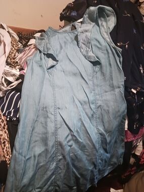 crown & ivy light blue denim midi dress with ruffle shoulders